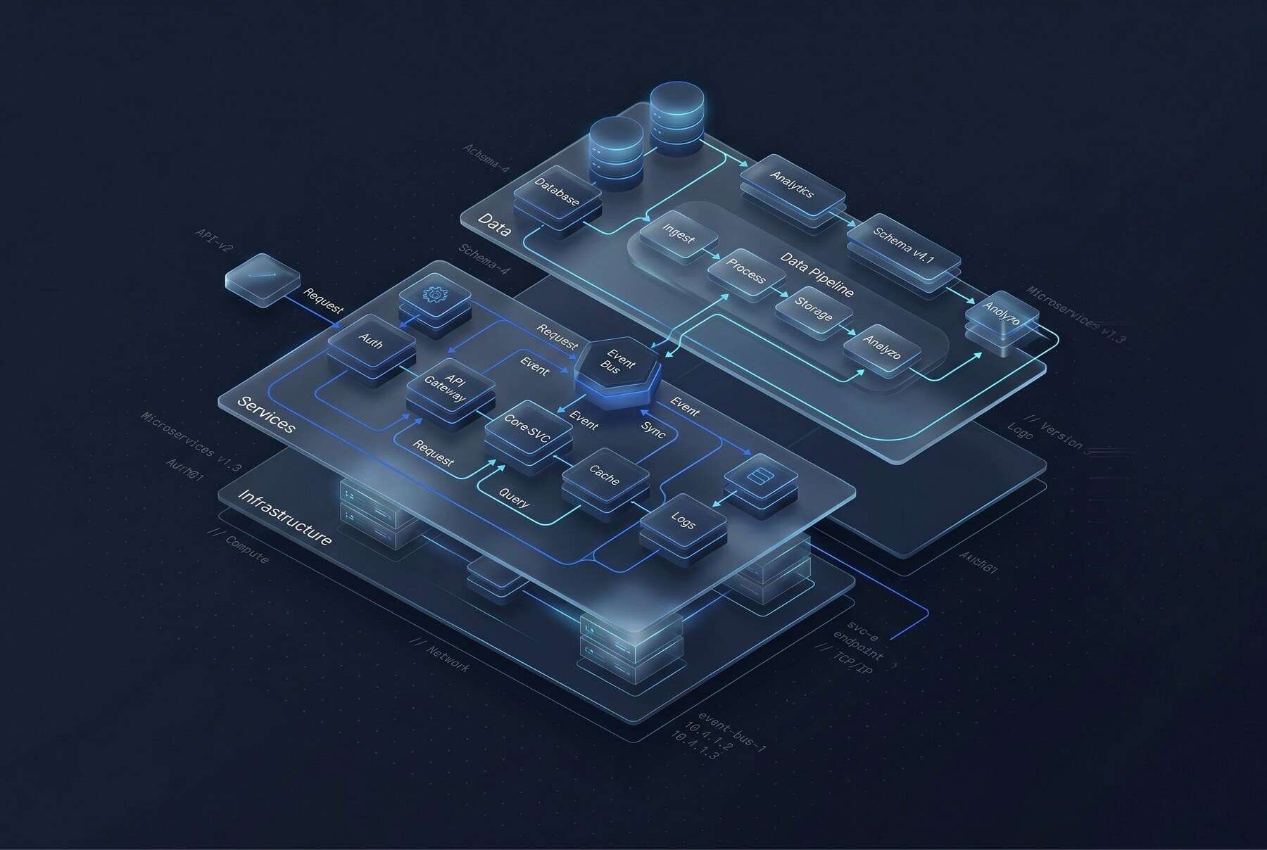 An isometric diagram of a layered software architecture — infrastructure, services, and data layers wired together with glowing connectors.