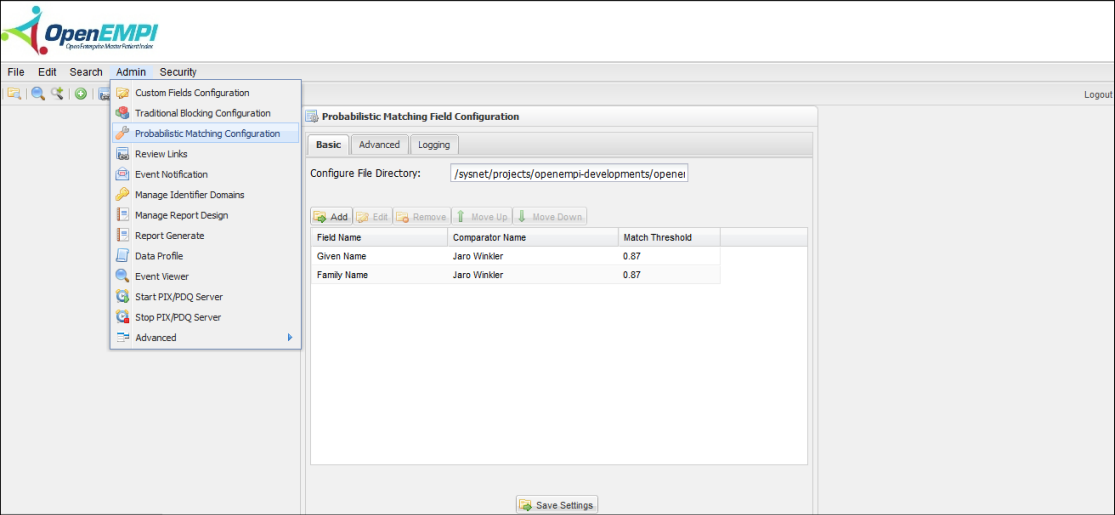 Matching Configuration screenshot