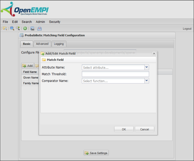 Matching Configuration screenshot