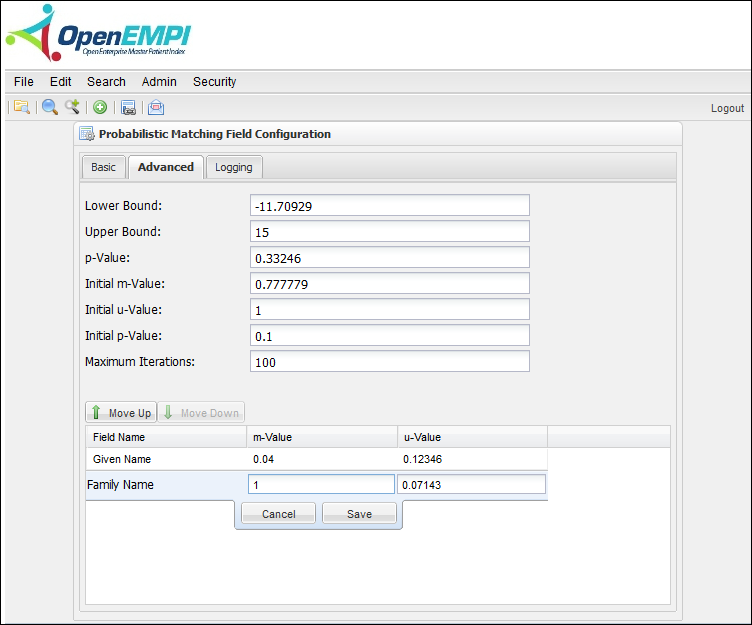 Matching Configuration screenshot