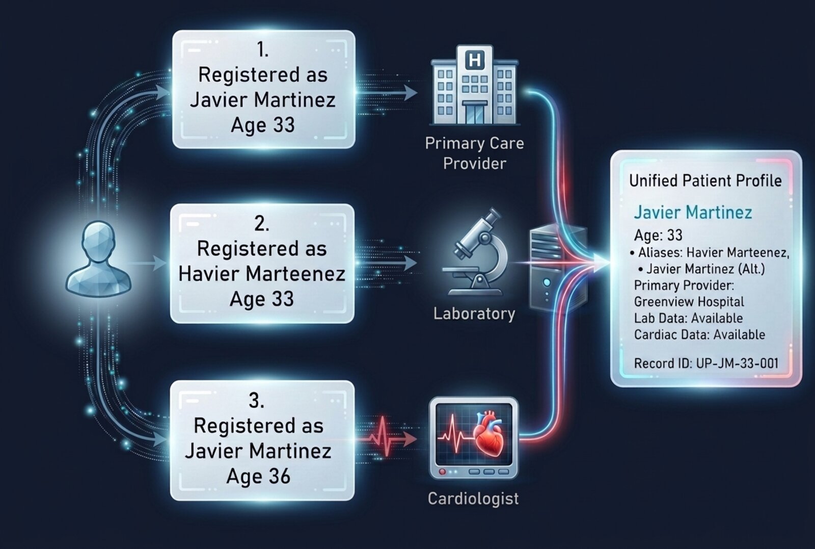 Three records for the same person — registered under varied spellings and ages at a clinic, lab and cardiologist — resolved into a single unified patient profile.